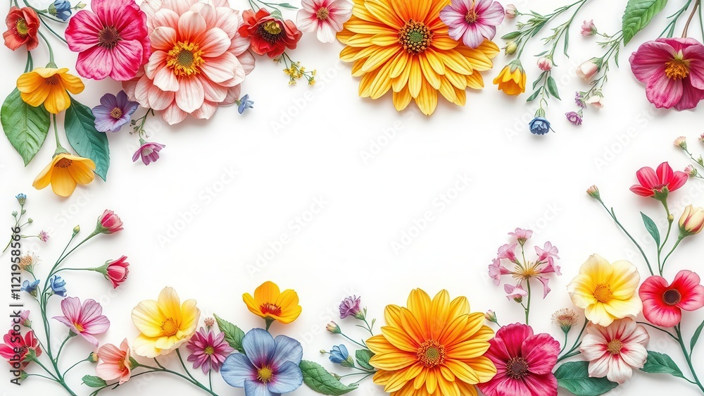 Obraz premium Beautiful watercolor illustration of colorful flowers with delicate petals and vibrant leaves on a white background, delicate, artistic