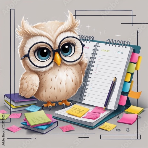 Cartoon character illustration of owl wearing glasses standing on a desk in front of a daily planner photo