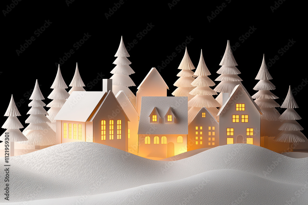 Fototapeta premium Serene paper art scene depicting snow covered Christmas village with illuminated houses and pine trees, creating warm and festive atmosphere