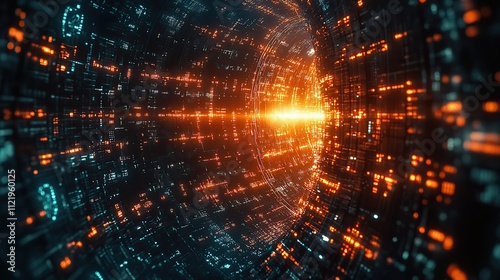 A holographic image displays a global group's social network, illustrating communication, community, and connection in a futuristic style