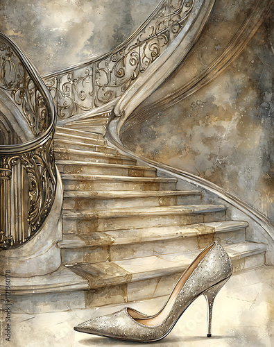 Modern Cinderella's shoe on elegant staircase with ornate railings in luxurious setting