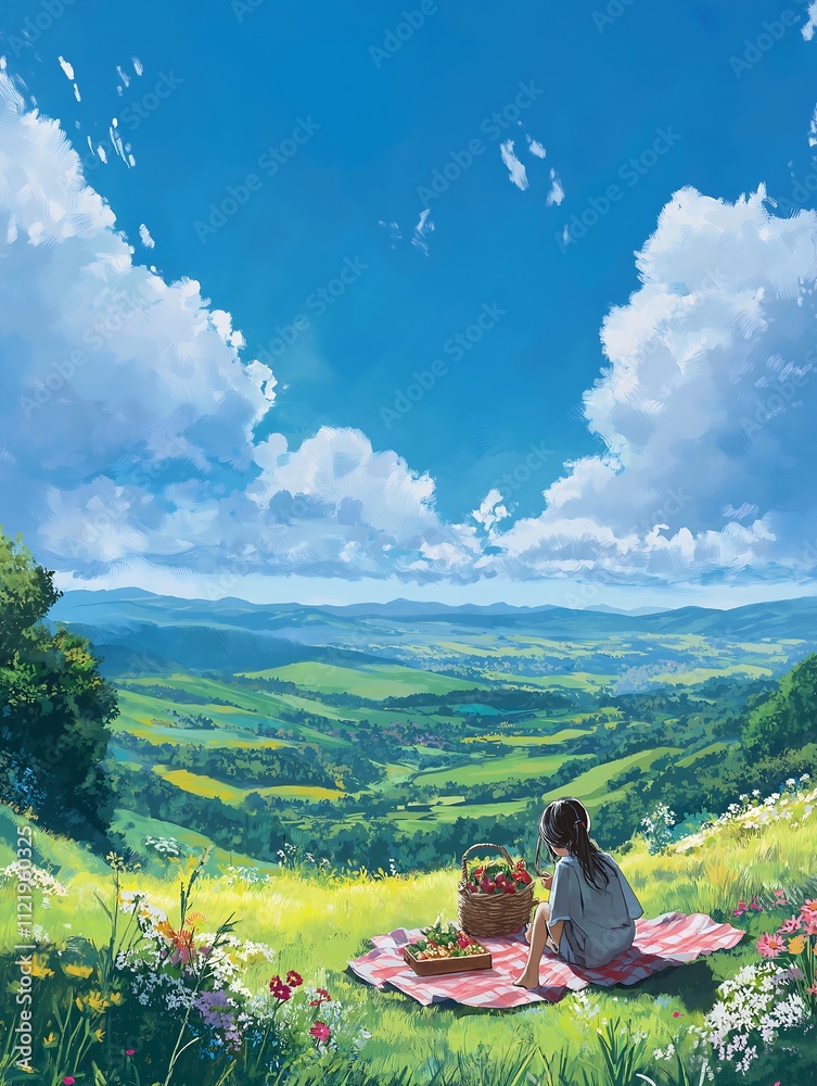 Fototapeta premium A couple sitting on a grassy hill enjoying nature and the view