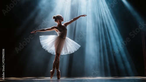 A ballerina dancing on a stage with dramatic lighting and a spotlight