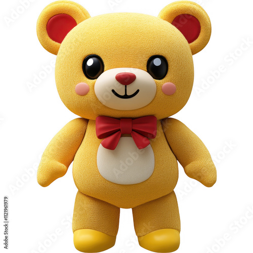 Adorable Yellow Teddy Bear with Red Bow Tie against White Background