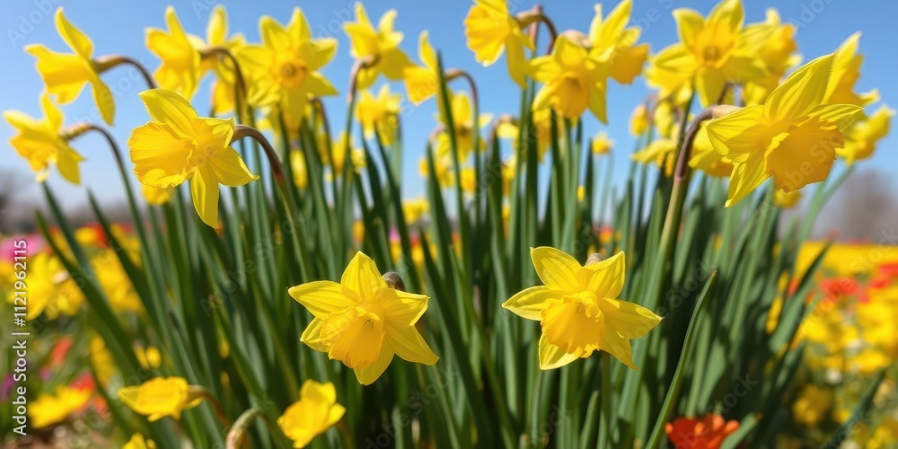 Fototapeta premium Field of vibrant yellow daffodil flowers blooming under a clear blue sky, sunny day, fresh, botanical
