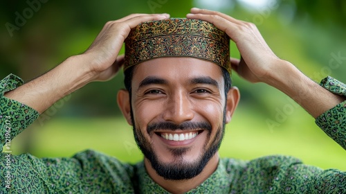 Muslim Man in Traditional Hat Smiling Joyfully with Hands on Head, Expressing Cultural and Religious Pride