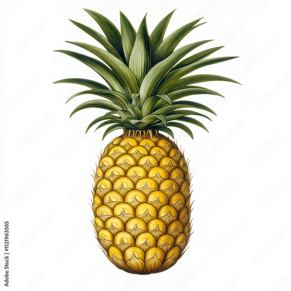 Fototapeta premium Detailed watercolor illustration of vibrant pineapple, showcasing its textured skin and lush green leaves. This artwork captures essence of tropical fruit beautifully