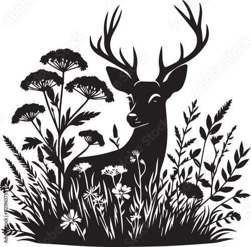 A deer peeking from behind wildflowers vector silhouette