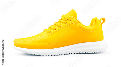 Bright yellow sneaker with untied laces, floating in mid-air, isolated on a clean white background