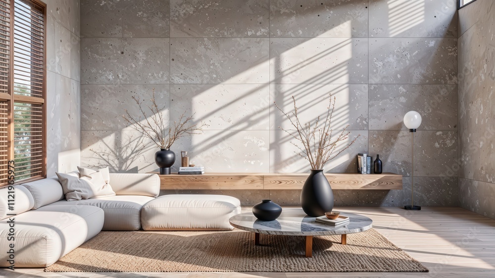 Generative AI, Modern living room featuring a concrete accent wall, a modular cream sofa, and minimalist decor with dynamic light and shadow patterns Generative AI, Modern living room featuring a concrete accent wall, a modular cream sofa, and minimalist decor with dynamic light and shadow patterns
