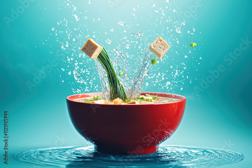 vibrant red bowl of soup splashes as ingredients like green onions and tofu cubes leap into air, creating dynamic and refreshing scene photo