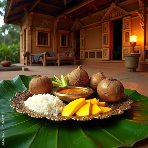 Freshly Cooked Pongal Served with Fruits and Sweets for the Festival
