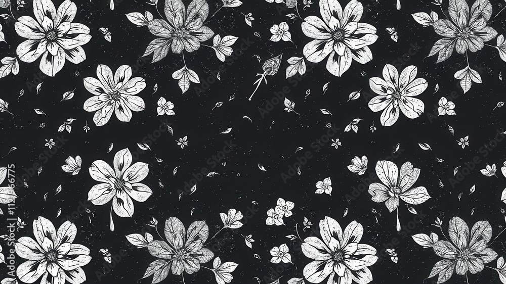 Obraz premium Seamless charcoal small floral elements wallpaper design, texture, monochrome, elements