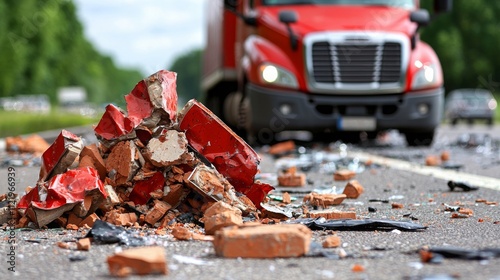 Highway Truck Accident Scene with Emergency Response Teams and Traffic Disruption in Progress photo