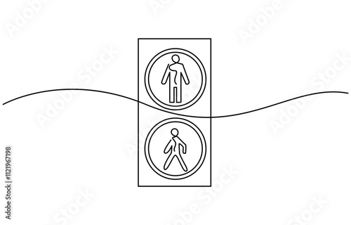 Continuous one line drawing of traffic lights with poles to regulate vehicle travel at road intersections, Light traffic one line continuous. Light traffic line art