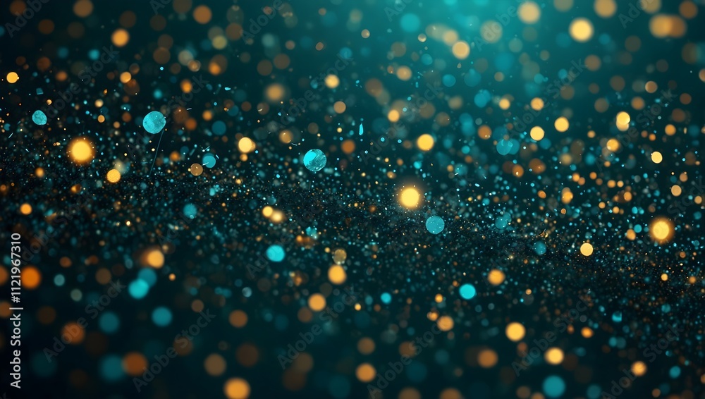 Naklejka premium A dark background with many tiny, colorful lights, mostly teal and gold.