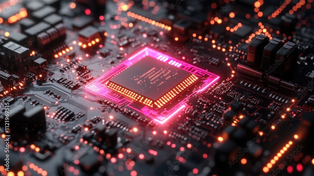 Closeup glowing neon light processor on circuit board Closeup glowing neon light processor on circuit board