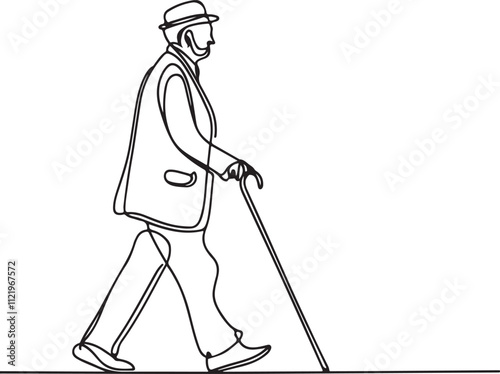 Minimalist Line Drawing of an Old Man Walking with a Cane on Clean White Background