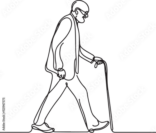 Minimalist Line Drawing of an Old Man Walking with a Cane on Clean White Background