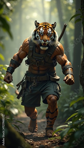 A fierce warrior with a tiger's head strides through a dense jungle, embodying strength and agility, perfect for wildlife and adventure themes in art or marketing. photo