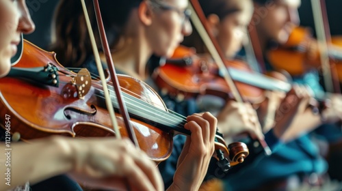 Adults participating in a community band or orchestra, rehearsing together and learning new pieces