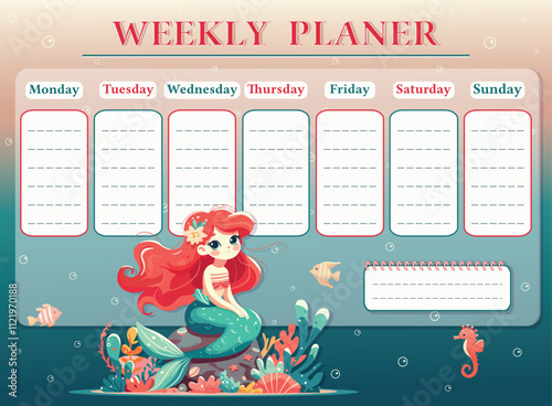 A weekly planer for a student. School Time Table Template with a sweet and modest mermaid. Vector illustration in flat cartoon style