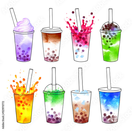 Bubble Tea flavors vector hand drawn watercolor illustrations collection