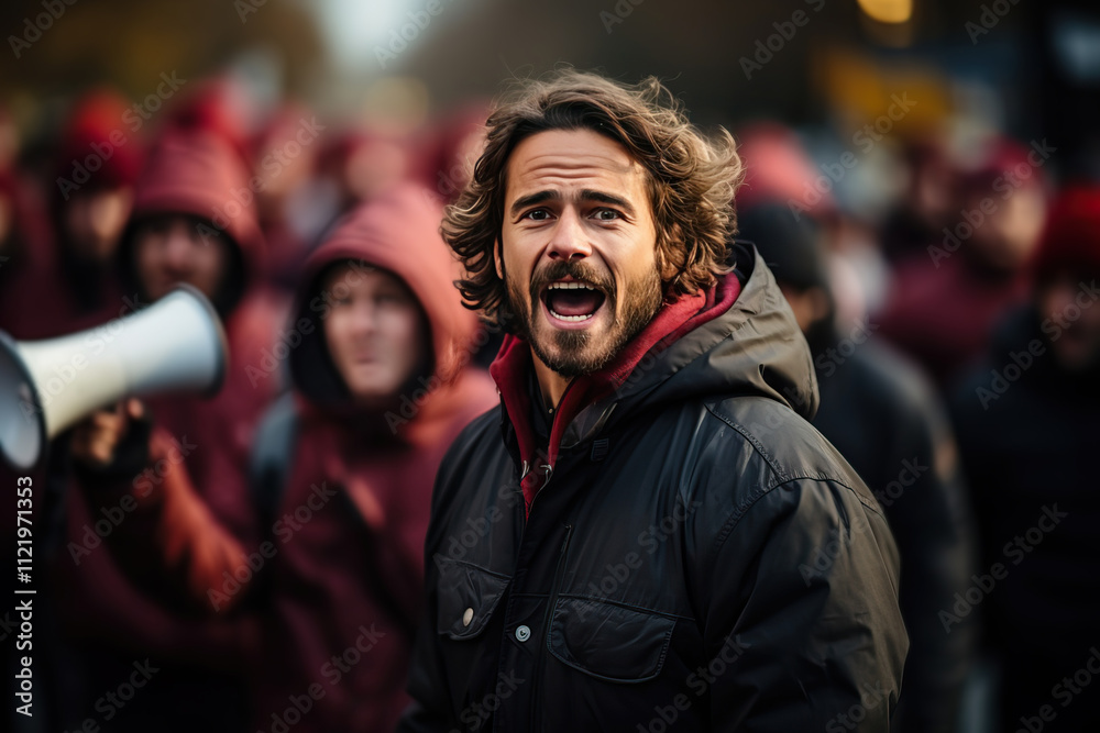 Obraz premium A man shouts into a loudspeaker the main conditions of a rally or action near a crowd of people.