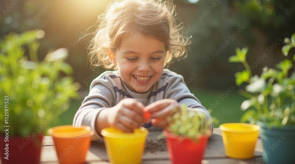 Fototapeta premium A child excitedly using a seed planting kit in a sunny backyard