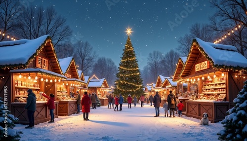 Wallpaper Mural Festive Christmas market with stalls, decorated tree, and visitors enjoying the winter evening Torontodigital.ca