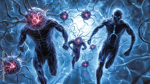 Biomechanical Zombies With Glowing Cells Running, Concept Illustration, Horror Illustration
