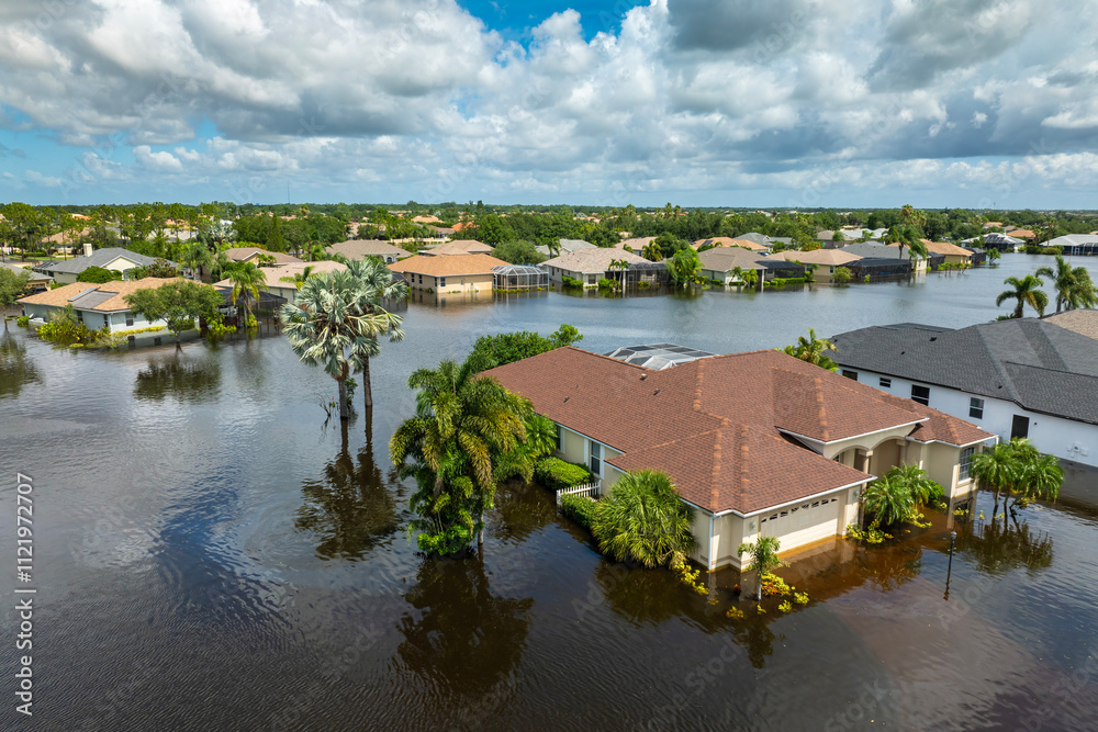 Obraz premium Flooded houses from hurricane rainfall water in Florida residential community. Aftermath of natural disaster in USA south