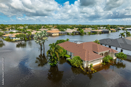 Photography Flooded houses from hurricane rainfall water in Florida residential community
