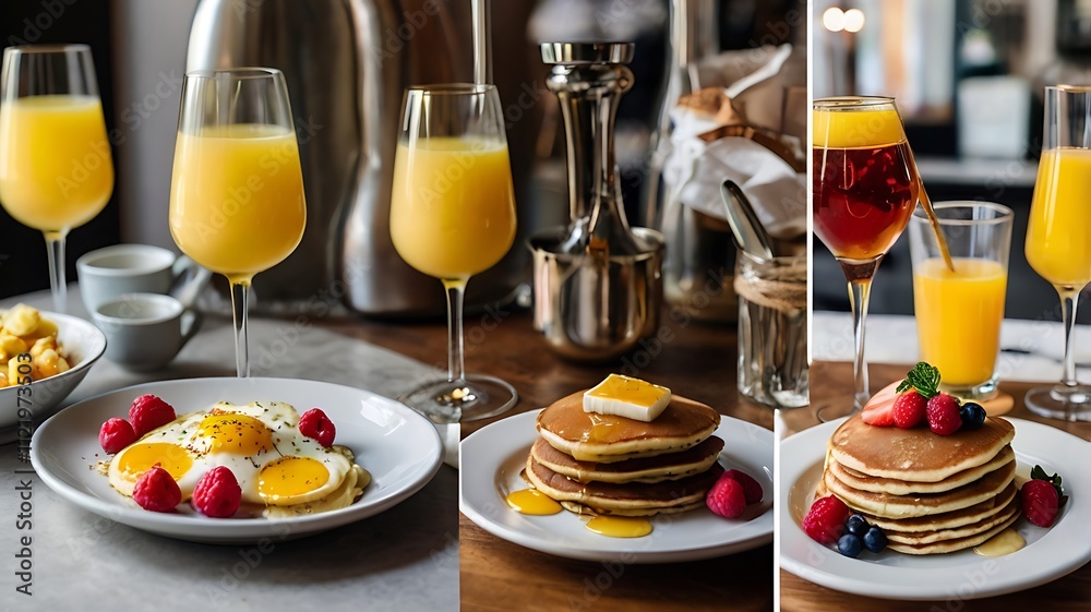 Delicious Breakfast Featuring Pancakes Eggs And Orange Juice Delicious Breakfast Featuring Pancakes Eggs And Orange Juice