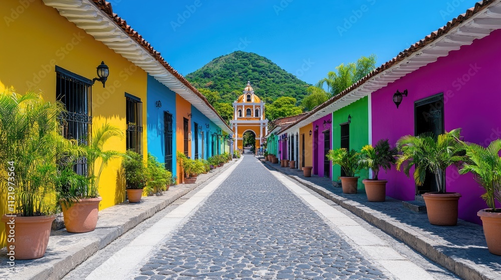 Obraz premium Bright morning light illuminates a vibrant street in Antigua Guatemala, lined with colorful buildings and lush plants. In the background, a stunning arch leads towards Volcan de Agua