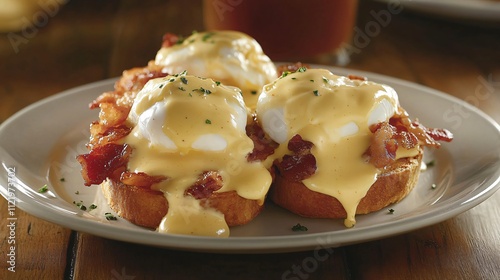 A classic plate of Eggs Benedict with perfectly poached eggs, golden hollandaise sauce, and crispy bacon, served on a rustic wooden table