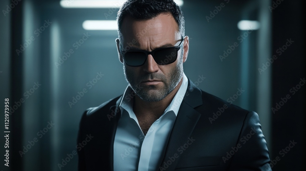 Fototapeta premium Man in suit and sunglasses exudes confidence