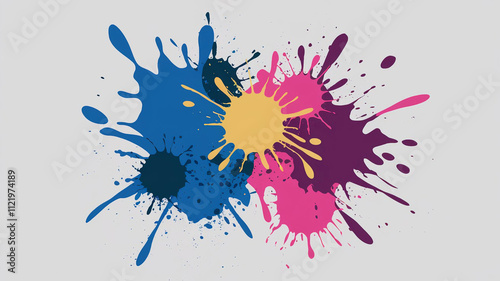 Bright Paint Splashes in Blue, Yellow, Pink, and Purple on a Light Grey Background for Creative Projects photo