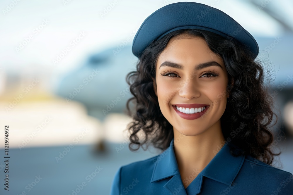 A smiling stewardess poses in her uniform, showcasing professionalism and charm. Behind her, an airplane is visible, adding to the aviation theme of her role. A smiling stewardess poses in her uniform, showcasing professionalism and charm. Behind her, an airplane is visible, adding to the aviation theme of her role.