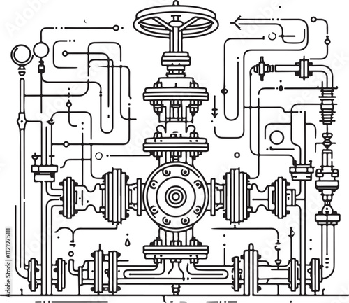 Intricate Industrial Piping with Valve Minimalist Line Vector Art on White Background photo