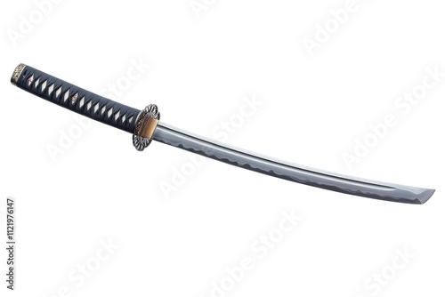 A beautifully crafted katana sword with a curved blade, showcasing intricate detail and craftsmanship against a white isolated background. photo