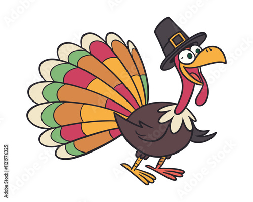 Pilgrim turkey with colorful plumage, striking a funny cartoon pose