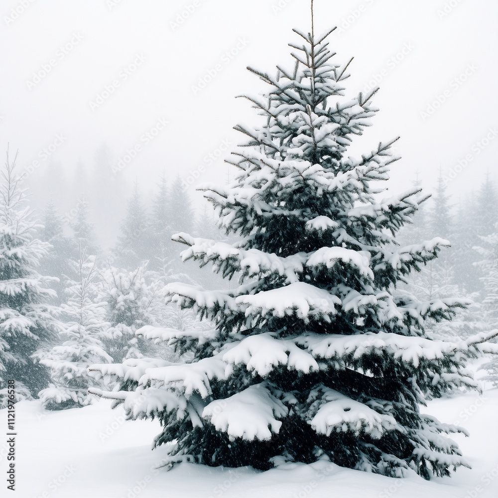 Fototapeta premium Christmas Tree in Snow – Crisp Air Palette: Snowy White, Sky Blue, and Pine Green