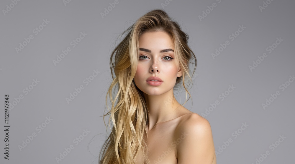 Naklejka premium Beautiful blonde woman. Beauty, skincare, and cosmetics advertisements. Portrait of a sexy woman with glowing skin and natural makeup. Perfect beauty girl face. Natural beauty.