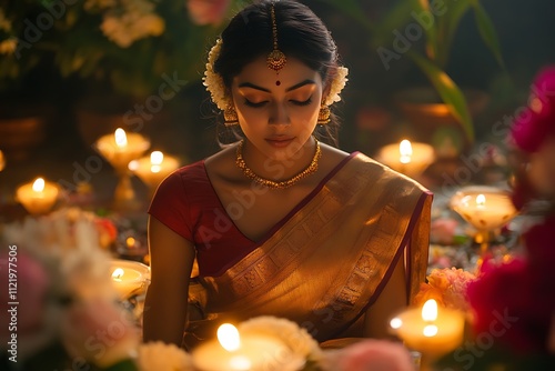 Peaceful Indian Woman in Golden Saree with Jhumkas photo