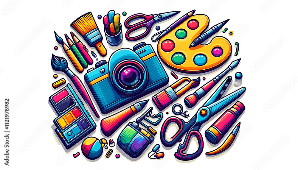 Obraz premium Artistic Essentials: A Colorful Array of Creative Instruments