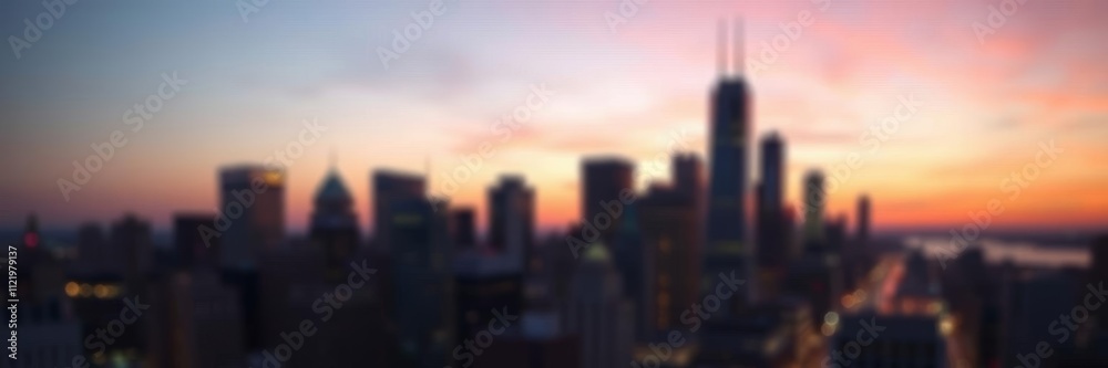 Fototapeta premium This ethereal image captures the beauty of a city skyline at sunrise, with a soft focus effect creating a dreamy and atmospheric feel. The warm glow of the rising sun illuminates the buildings.