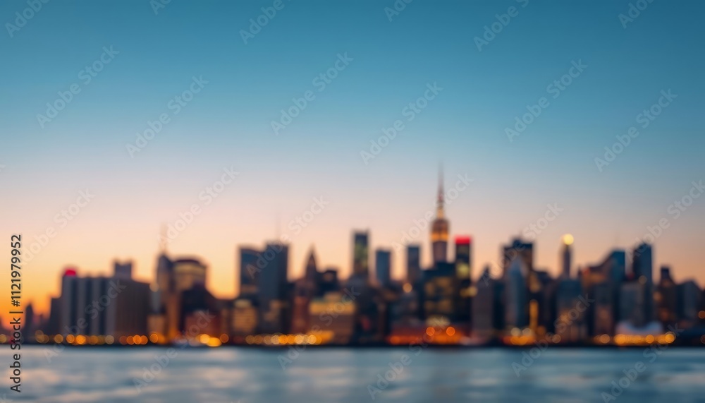 Obraz premium This ethereal image captures the beauty of a city skyline at sunrise, with a soft focus effect creating a dreamy and atmospheric feel. The warm glow of the rising sun illuminates the buildings.