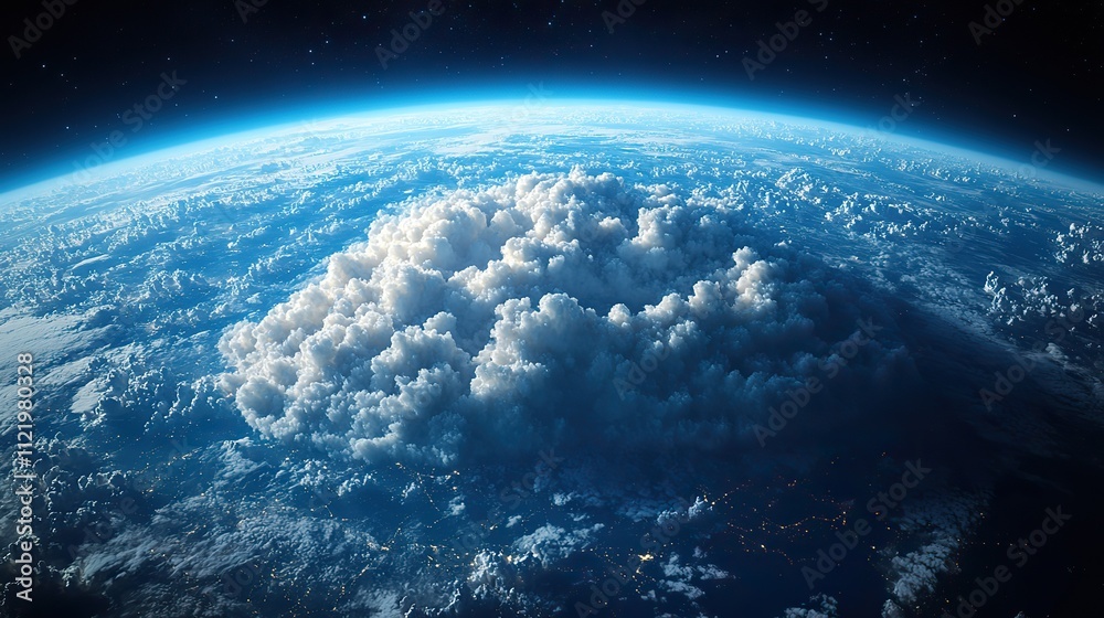 Fototapeta premium A cloud hovers over a globe encircled by a telecommunications network