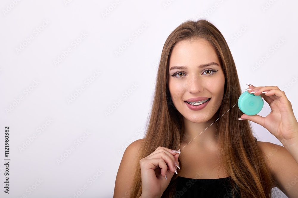Smiling woman flossing her teeth with turquoise dental floss on white background Smiling woman flossing her teeth with turquoise dental floss on white background